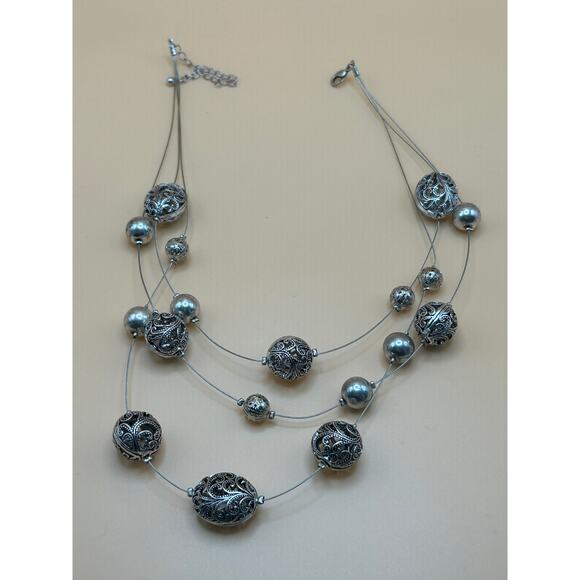 Vintage 3-Strand Silver Necklace/ Silver Bead Necklace/ Hand Crafted Necklace - Picture 1 of 2